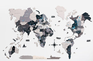 24" X 39" Black Gray and White Wood World Map Hanging Dimensional Sculpture