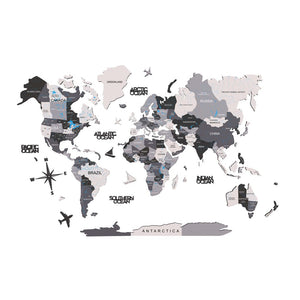 35" X 59" Black Gray and White Wood World Map Hanging Dimensional Sculpture