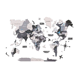 47" X 79" Black Gray And White World Map Wood Hanging Dimensional Sculpture