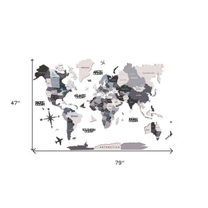 47" X 79" Black Gray and White Wood World Map Hanging Dimensional Sculpture