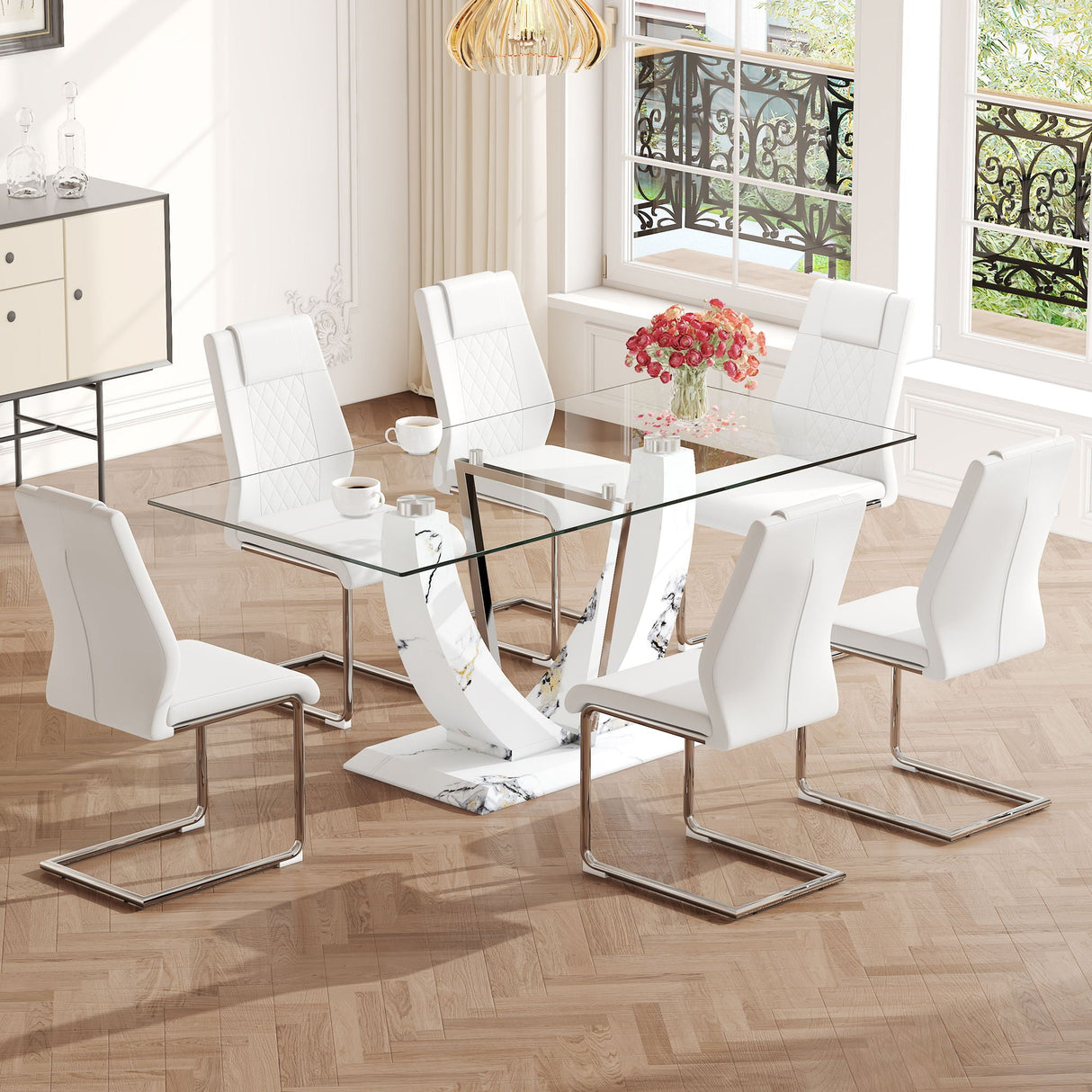 Table And Chair Set, Large Modern Rectangular Glass Table, Can Accommodate 6-8 People, Equipped With A 0.39" Tempered Glass Tabletop And MDF Table Legs.Paired With Comfortable And Soft Chairs - White / Pearl Silver by Couch.com