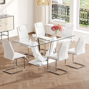Table And Chair Set, Large Modern Rectangular Glass Table, Can Accommodate 6-8 People, Equipped With A 0.39" Tempered Glass Tabletop And MDF Table Legs.Paired With Comfortable And Soft Chairs - White / Pearl Silver by Couch.com