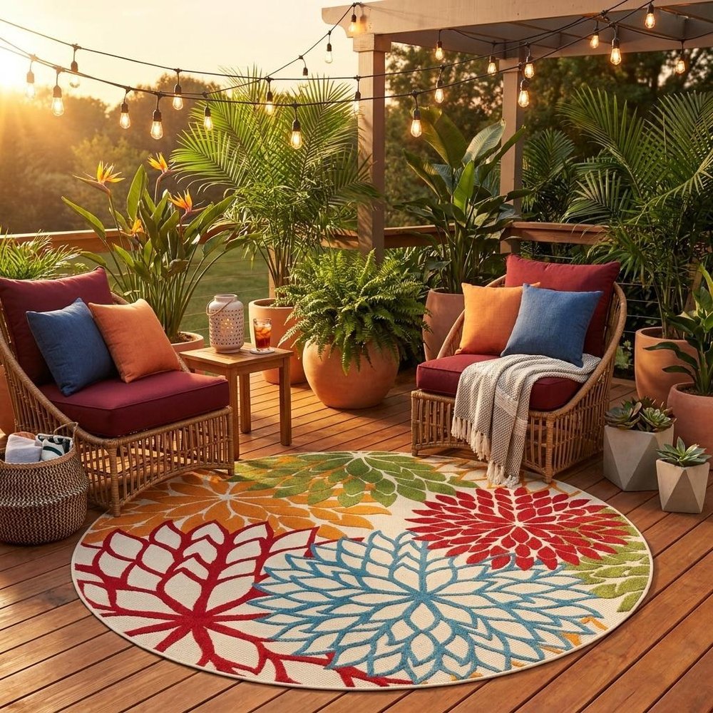 10' Green Orange And Red Round Indoor Outdoor Area Rug