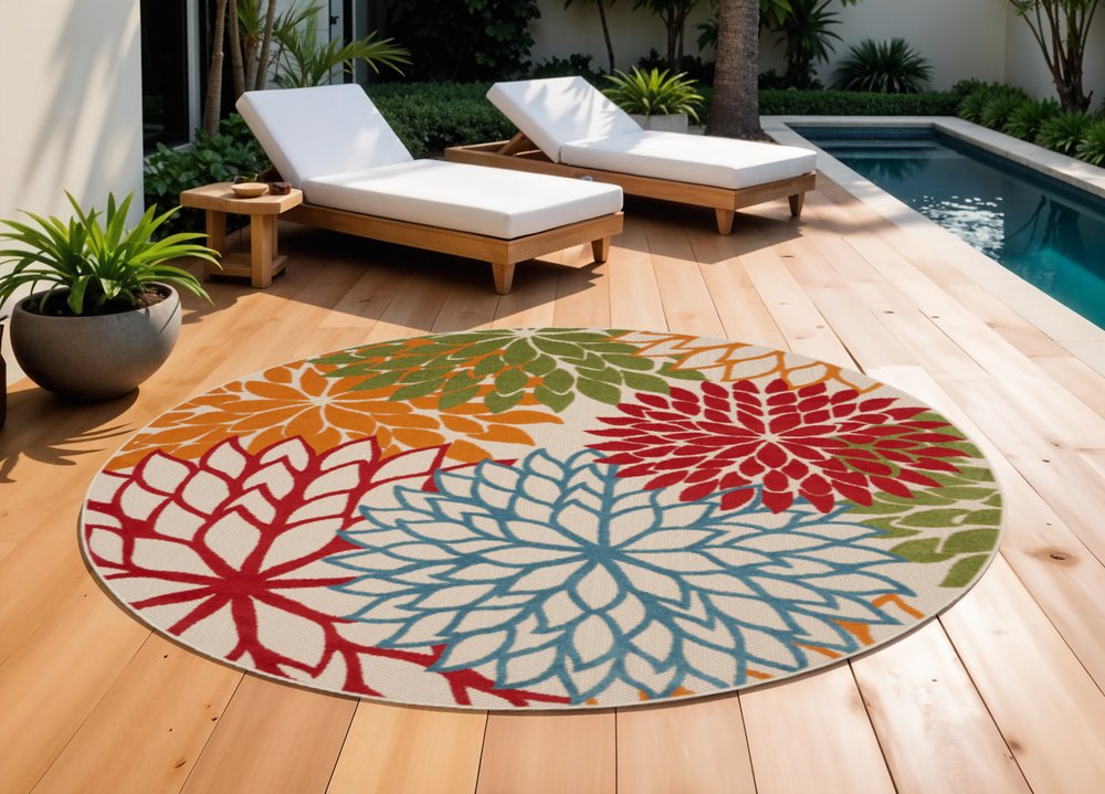10' Green Orange And Red Round Indoor Outdoor Area Rug