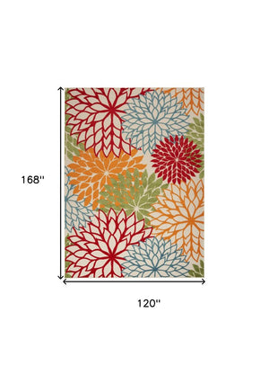 10' X 14' Green Orange And Red Indoor Outdoor Area Rug