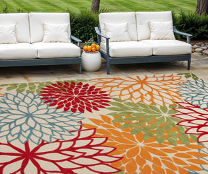 10' X 14' Green Orange And Red Indoor Outdoor Area Rug