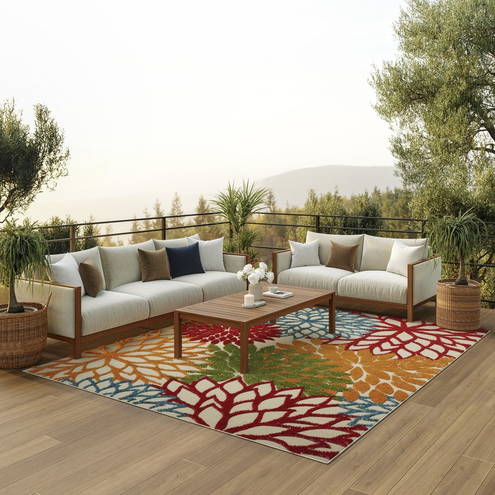 10' X 14' Green Orange And Red Indoor Outdoor Area Rug
