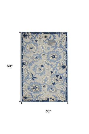 3' X 5' Blue And Gray Floral Power Loom Area Rug