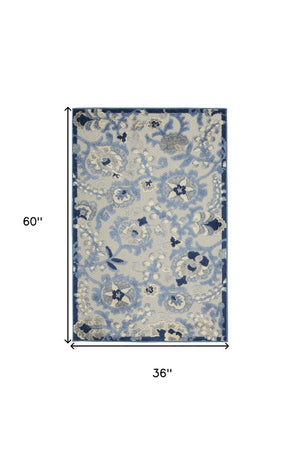 3' X 5' Blue And Gray Floral Power Loom Area Rug