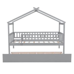 The Creativity House Bed with Twin Size Trundle features a grey, playhouse-inspired wooden frame with a railing and a trundle drawer, perfect for a child's room.