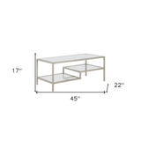 45" Silver Glass And Steel Coffee Table With Two Shelves