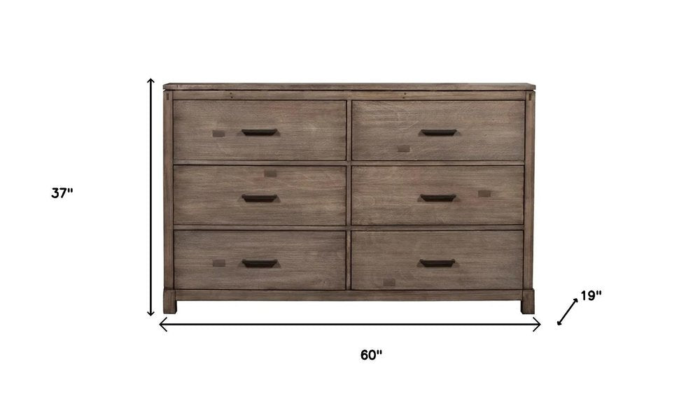 60" Gray Solid Wood Six Drawer Double Dresser