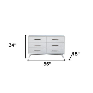 56" White Carved Geometric Solid Wood Six Drawer Double Dresser