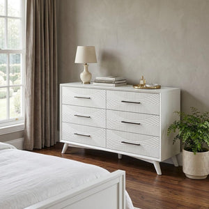 56" White Carved Geometric Solid Wood Six Drawer Double Dresser