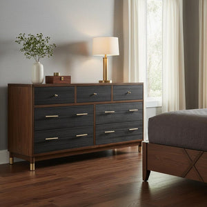 62" Brown And Black Solid Wood Seven Drawer Double Dresser