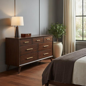 60" Brown Solid Wood Seven Drawer Double Dresser