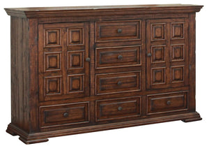 50" Chocolate Carved Geometric Solid Wood Six Drawer Triple Dresser
