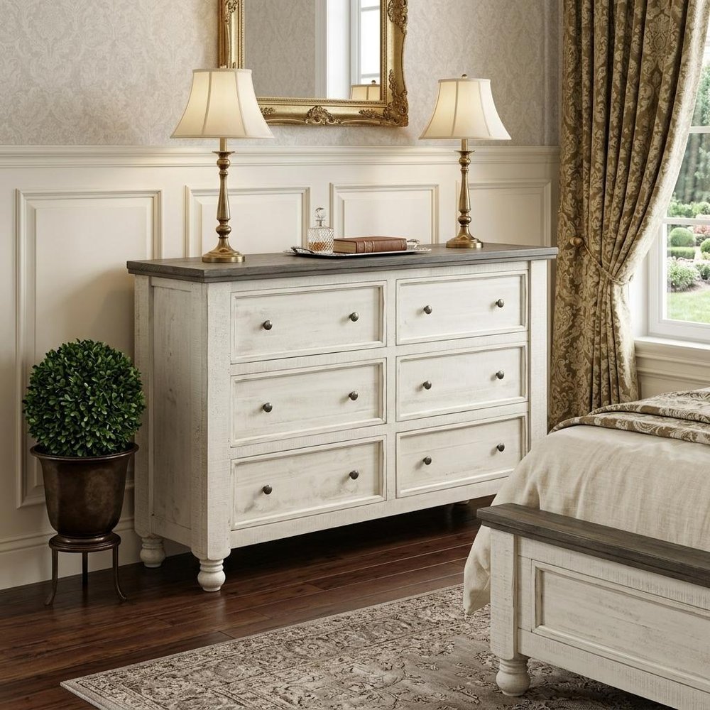 62" Gray And Ivory Solid Wood Six Drawer Double Dresser