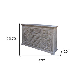 69" Gray Solid Wood Six Drawer Triple Dresser