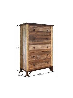 36" Brown Solid Wood Five Drawer Dresser