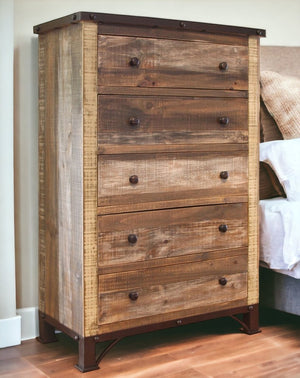 36" Brown Solid Wood Five Drawer Chest