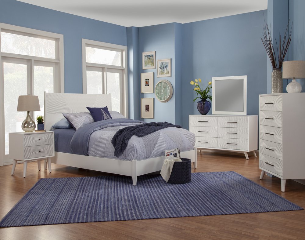 White Carved Geometric Solid Wood King Bed Frame
