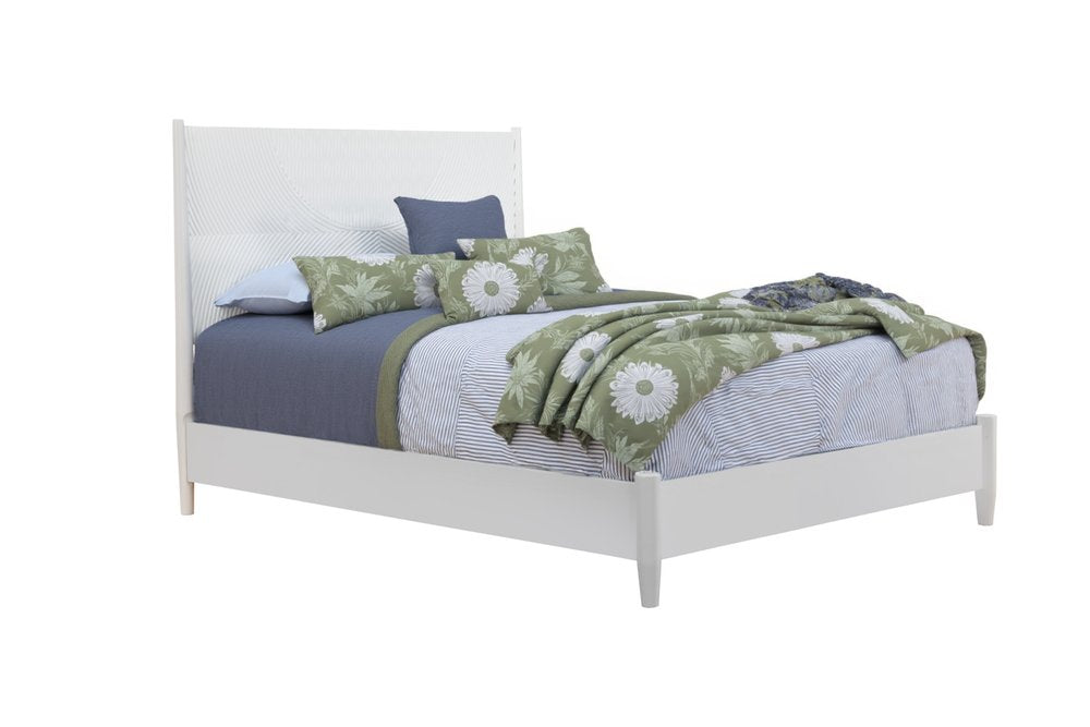 White Carved Geometric Solid Wood King Bed Frame