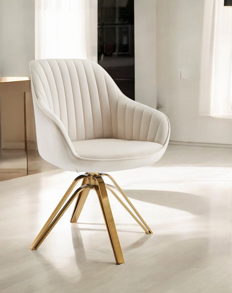 23" Off White And Gold Velvet Swivel Arm Chair
