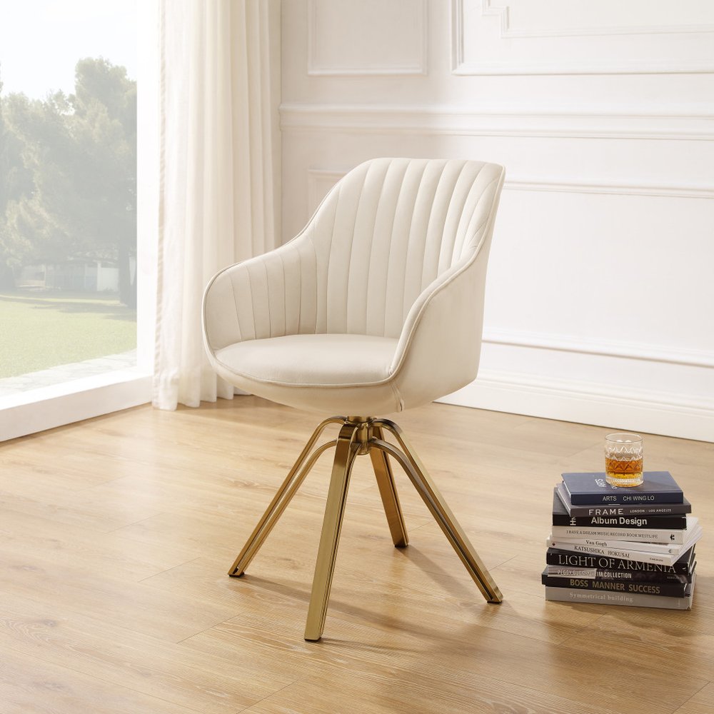 23" Off White And Gold Velvet Swivel Arm Chair