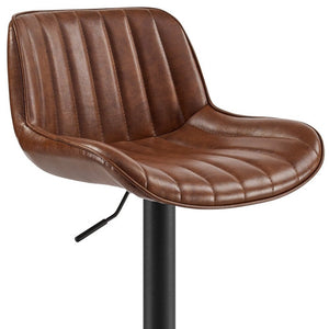 Set of Two Brown and Black Upholstered Faux Leather and Steel Low Back Adjustable Height Swivel Bar Chairs