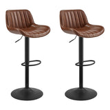 Set of Two Brown And Black Faux Leather And Steel Low Back Adjustable Height Swivel Bar Chairs