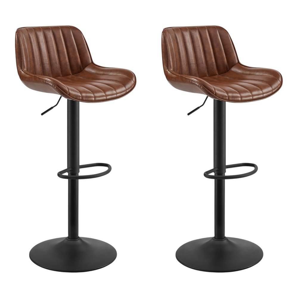 Set of Two Chestnut And Black Faux Leather And Steel Low Back Adjustable Height Swivel Bar Chairs