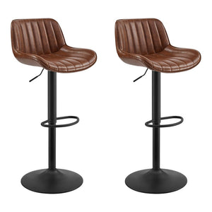 Set of Two Chestnut And Black Faux Leather And Steel Low Back Adjustable Height Swivel Bar Chairs