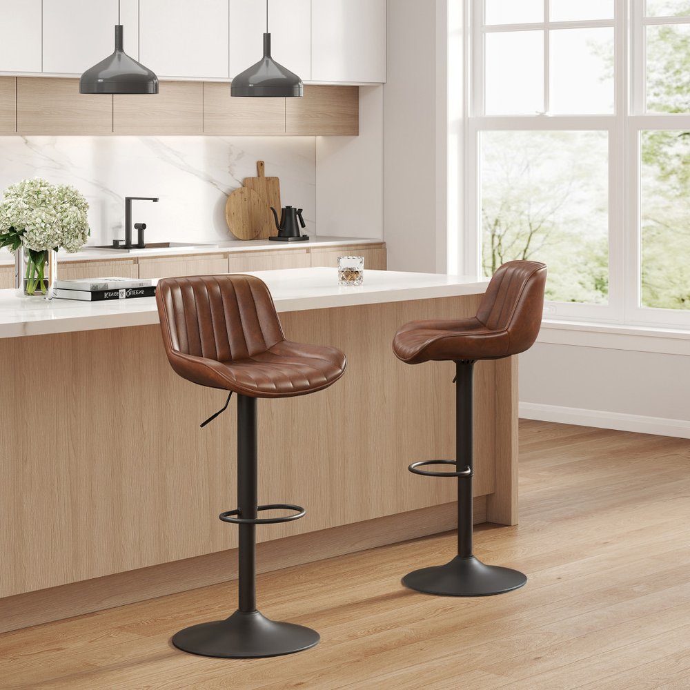 Set of Two Brown and Black Upholstered Faux Leather and Steel Low Back Adjustable Height Swivel Bar Chairs