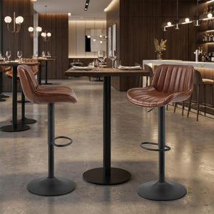 Set of Two Chestnut And Black Faux Leather And Steel Low Back Adjustable Height Swivel Bar Chairs