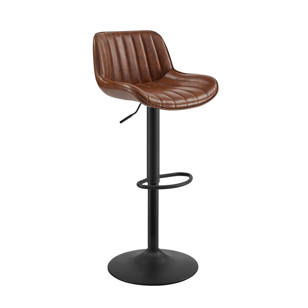 Set of Two Chestnut And Black Faux Leather And Steel Low Back Adjustable Height Swivel Bar Chairs