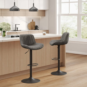 Set of Two Gray And Black Faux Leather And Steel Low Back Adjustable Height Swivel Bar Chairs