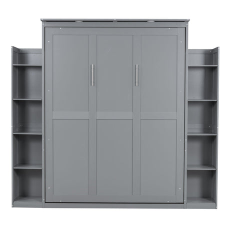 The Wall Murphy Bed With Shelves And LED Lights features a modern, clean design with gray folding doors. It includes dual vertical handles and side shelving units with adjustable shelves for ample storage.