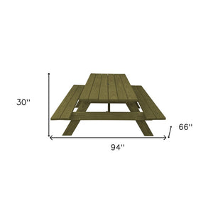 94" Green Solid Wood Outdoor Picnic Table with Umbrella Hole