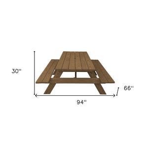 94" Brown Solid Wood Outdoor Picnic Table with Umbrella Hole
