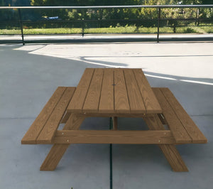 94" Brown Solid Wood Outdoor Picnic Table with Umbrella Hole