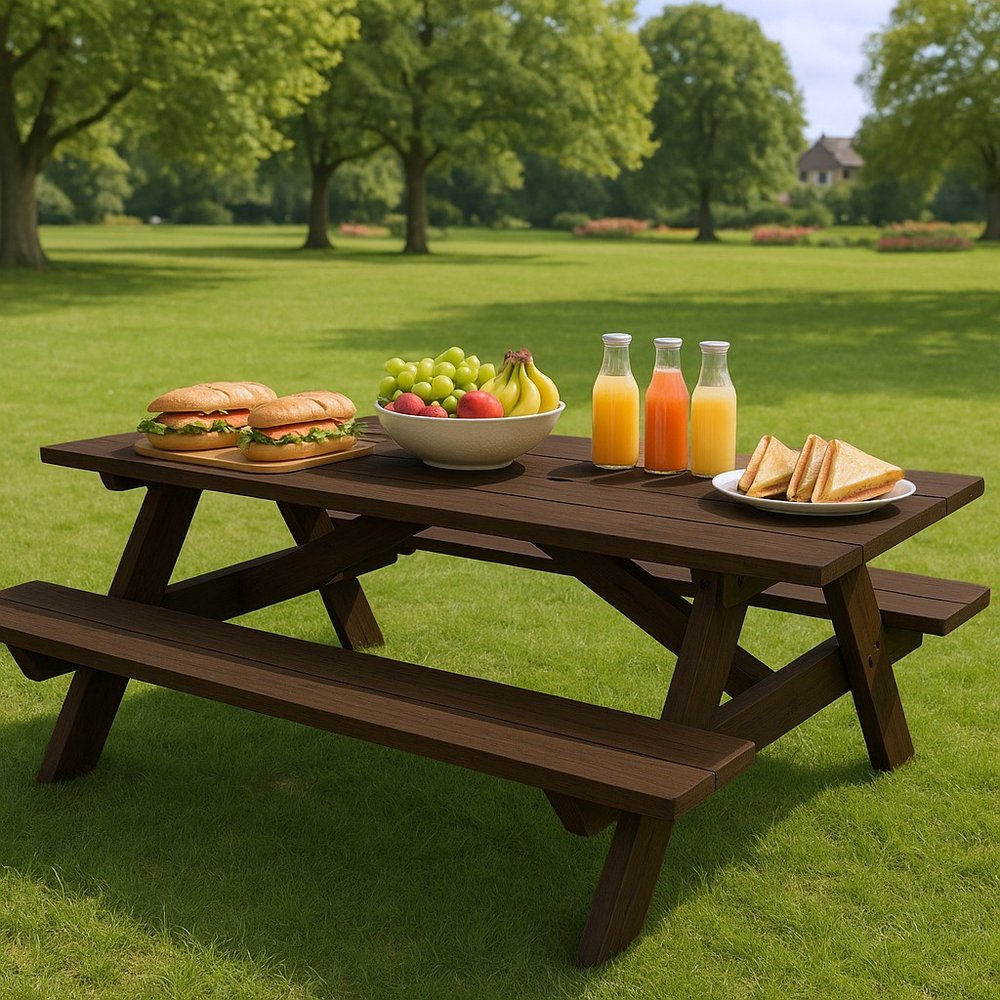94" Dark Brown Solid Wood Outdoor Picnic Table with Umbrella Hole