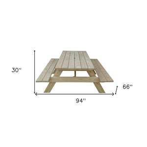 94" Beige Solid Wood Outdoor Picnic Table with Umbrella Hole