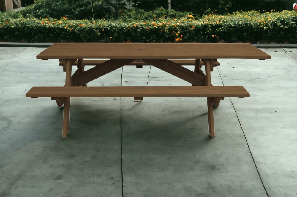 94" Brown Solid Wood Outdoor Picnic Table with Umbrella Hole