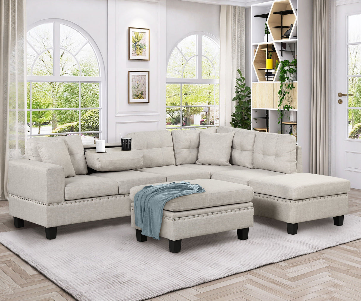 Modern Sectional Sofa With Storage Ottoman, L-Shape Couch With 2 Pillows And Cup Holder, Sectional Sofa With Reversible Chaise For Living Room by Couch.com
