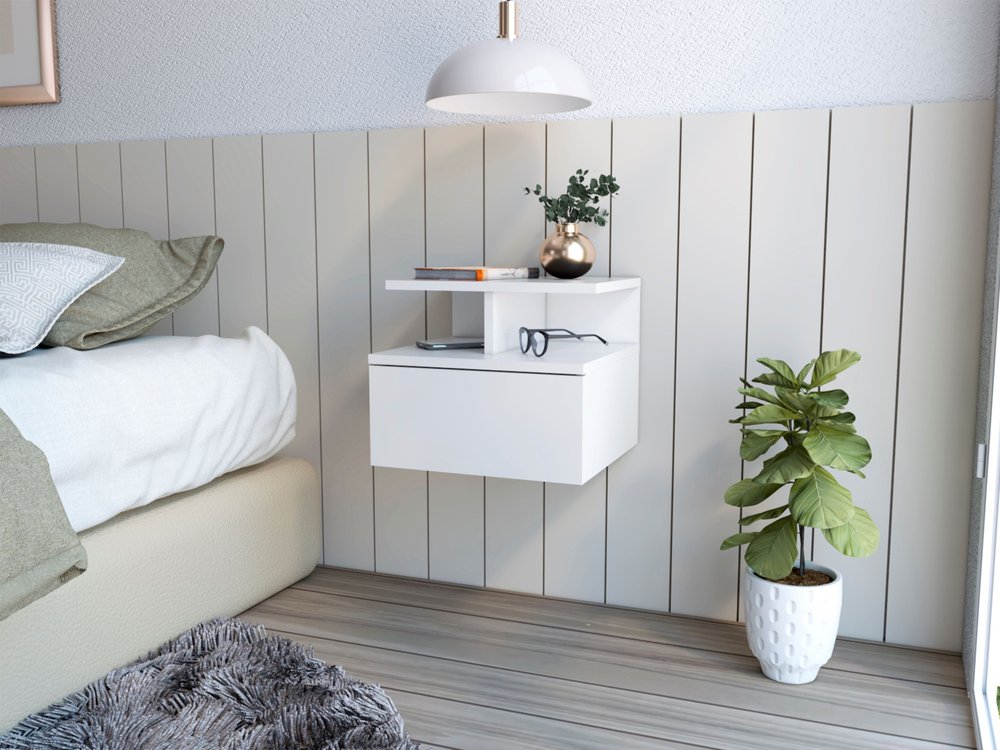 14" White Wood One Drawer Floating Nightstand