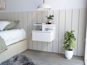 14" White Wood One Drawer Floating Nightstand