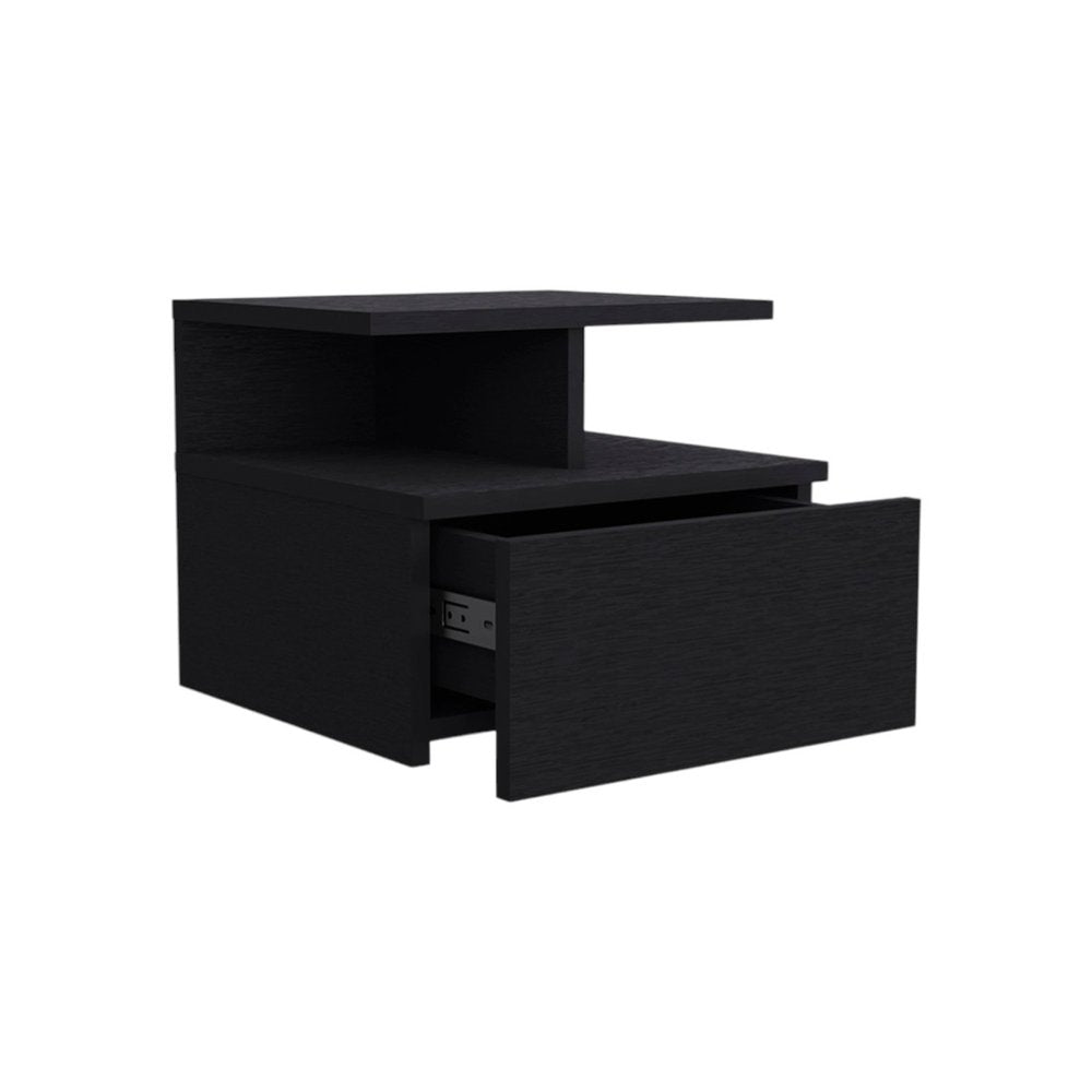 14" Black Wood One Drawer Floating Nightstand