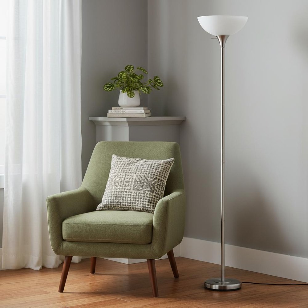 70" Nickel Metal Torchiere Floor Lamp With White Glass Dome Shade