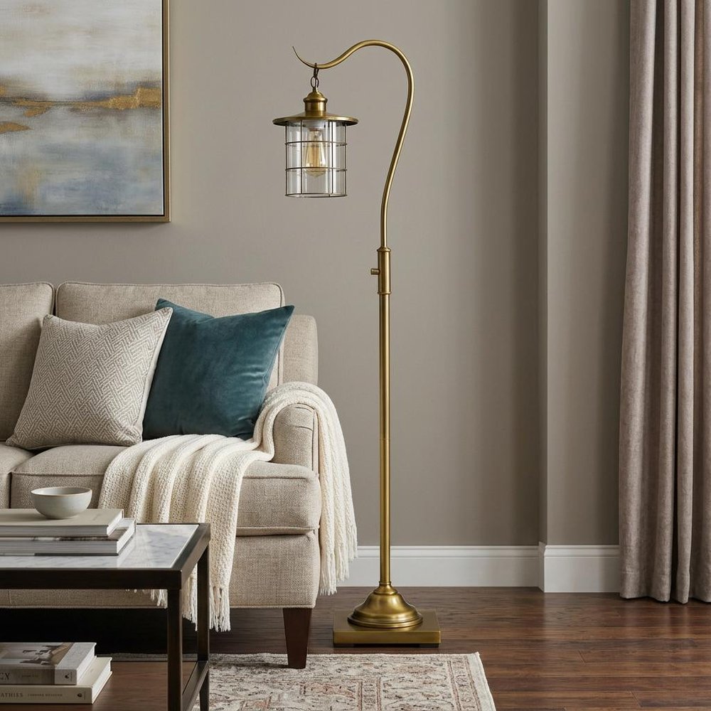 60" Brass Traditional Shaped Floor Lamp With Bronze Transparent Glass Drum Shade